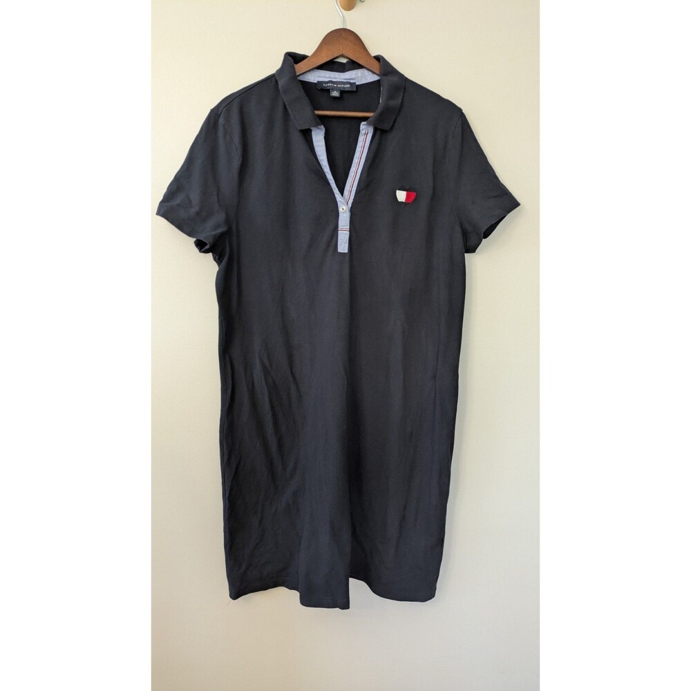 Tommy Hilfiger Polo T-Shirt Dress XL Navy Striped Collar Preppy Y2K Heart Logo
